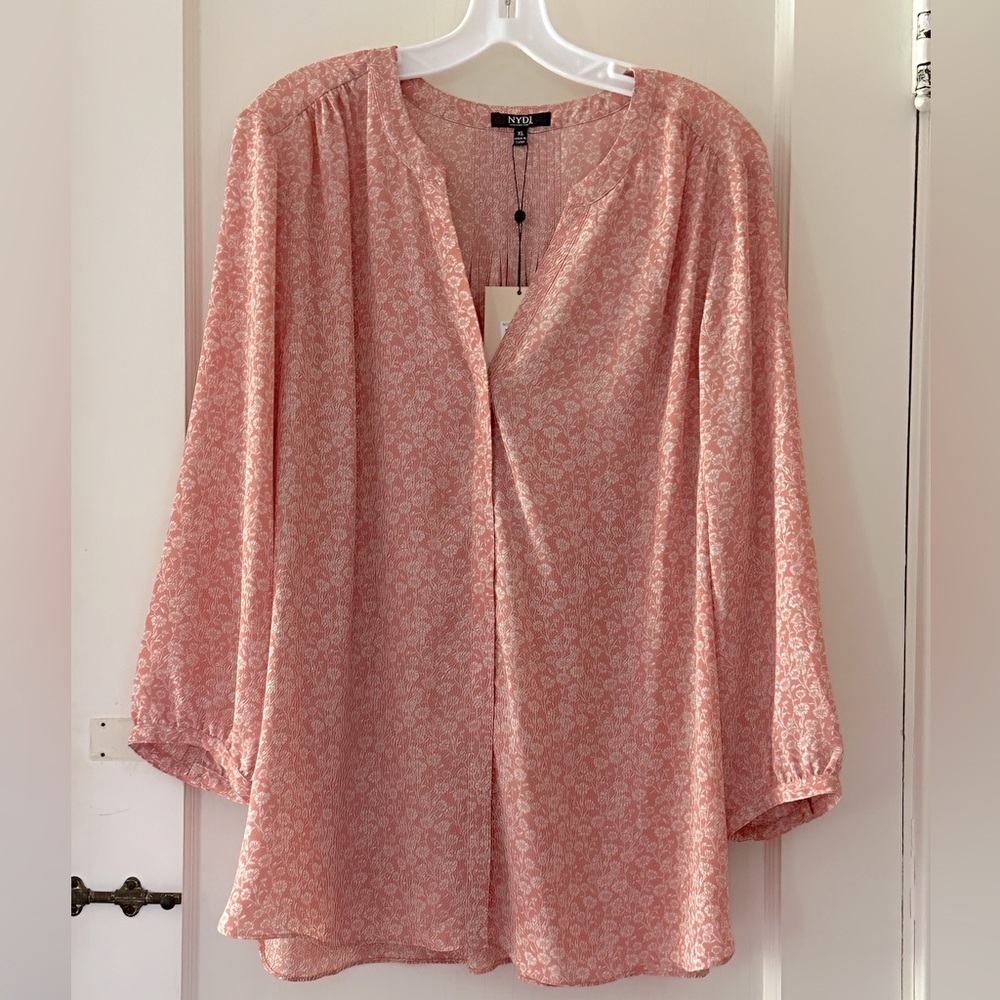 NYDJ Coral and Cream Floral Pintuck Blouse